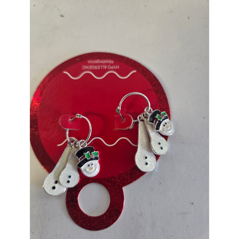 Hypoallergenic Snowman Hoop Earrings Silver Tone Glitter Enamel Holiday Jewelry